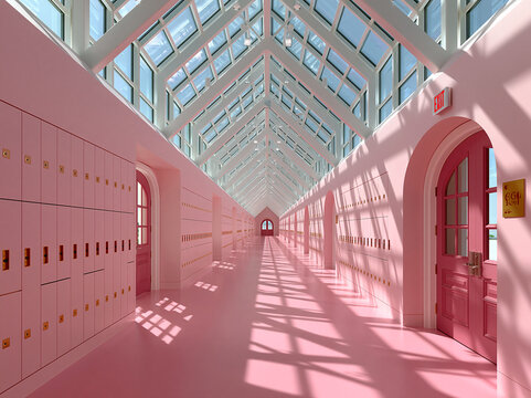 Long sunlit pink corridor lined with lockers and glass roof, golden wall lamps cast striped shadows across glossy pink flooring.