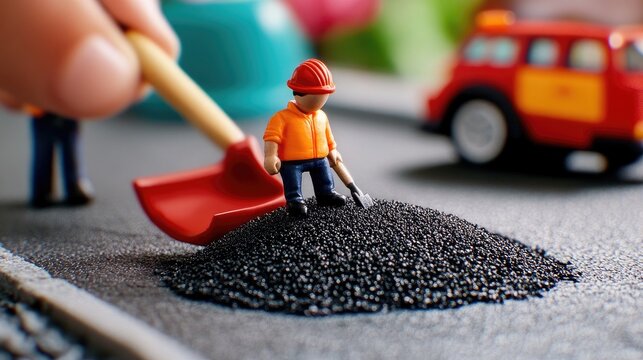 Workers in orange uniforms actively engage in asphalt road construction, skillfully shoveling materials on a bustling urban street