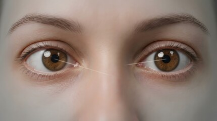 Fototapeta premium Two brown eyes looking forward, with subtle light lines connecting pupils for focus effect.