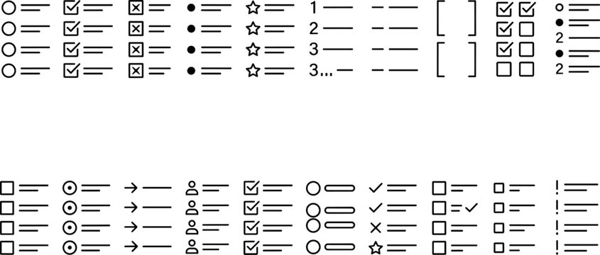 Checklist options text formatting bullet points and numbered list varieties line vector icons set for document structure layout elements