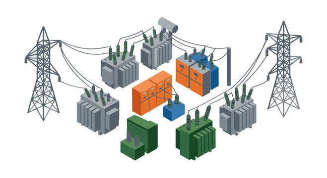 Clean 3D of Electrical Power Grid Substations with Transformers Power Lines and Transmission Towers