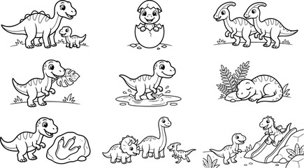 Cute cartoon baby dinosaurs set outline vector illustration for coloring © MOHAMMADJUBAYER