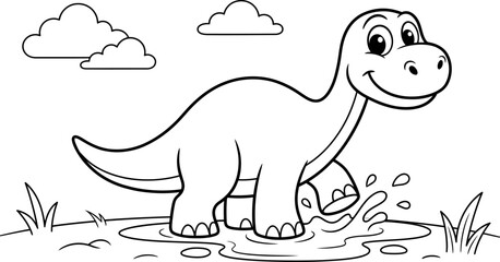 Black and white outline cute sauropod dinosaur character for children coloring book worksheet © MOHAMMADJUBAYER