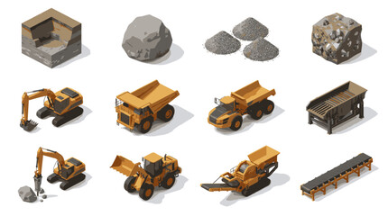 Elegant Isometric of Heavy Mining Equipment and Raw Materials in Earthy Tones with high quality professional line art symbols for modern creative design and digital branding projects © suci