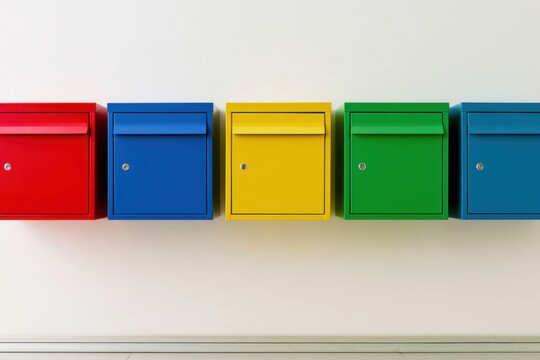 Colorful row of metal mailboxes in red, blue, yellow, and green arranged in a geometric pattern against a clean white wall, representing postal communication and neighborhood identity