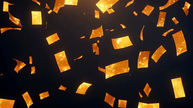 Falling golden paper confetti particles on dark background overlay
