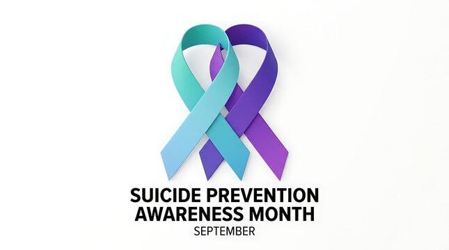 Teal and purple ribbons intertwined symbolizing suicide prevention awareness month in September with clear white background for support campaigns.