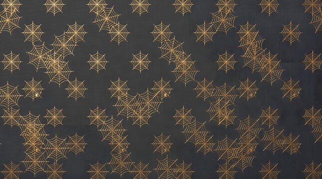 Elegant repeating pattern of delicate golden spiderweb motifs arranged across a dark background with a subtle metallic and sparkling appearance. Suitable for Halloween invitations, luxury seasonal pac