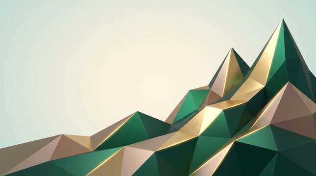 Geometric low poly mountain peaks, abstract 3D polygonal landscape, emerald green and gold faceted mountain range