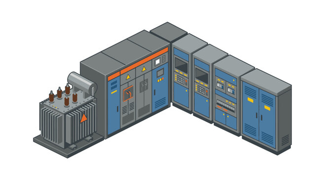 Sleek Isometric of Modern Electrical Power Distribution and Server Rack Infrastructure with high quality professional line art symbols for modern creative design and digital branding projects