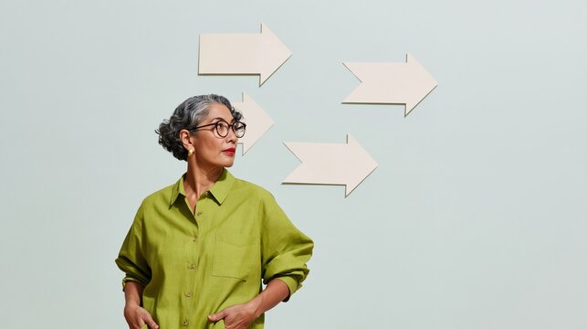 Disaster risk reduction planning by a mature South East Asian woman looking at paper arrows on a plain wall with copy space for a banner