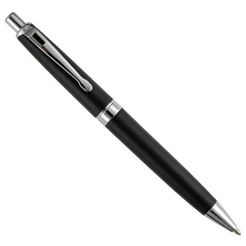 Matte black retractable ballpoint pen with silver chrome accents and pocket clip isolated on a transparent background