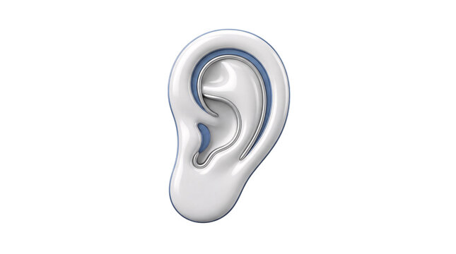 Stylized white 3d human ear with blue accents and silver on png isolated background