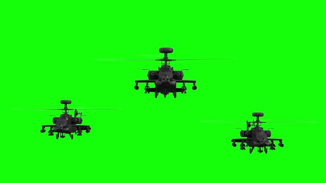 3d rendered animation of flying military helicopters on green screen