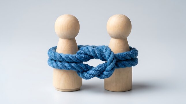 Two wooden peg dolls bound tightly together with a thick blue rope knotted in the middle represents strong connection unity dependency or partnership concepts.