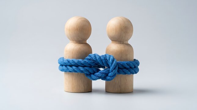 Wooden cylinder shaped peg figures tied with bright blue knotted rope symbolizes strong relationship connection and dependency concepts on clean studio background.