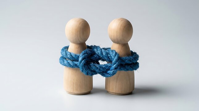 Close up of two wooden figures tied tightly together with thick blue rope featuring central knot representing strong bond and codependency on neutral backdrop.