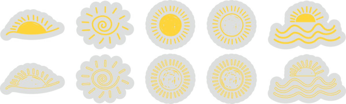 Hand Drawn Yellow Sun Vector Icon Pack Set for Summer and Weather Design