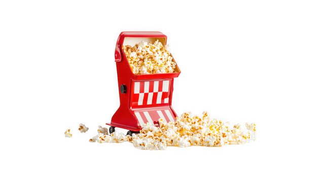 Popcorn machine spilling snacks on surface.