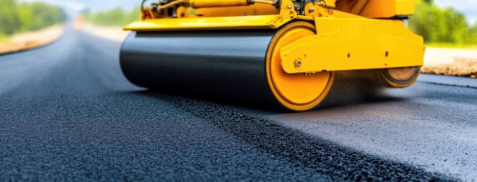 A road roller lays fresh asphalt on a sunny construction site under a clear blue sky