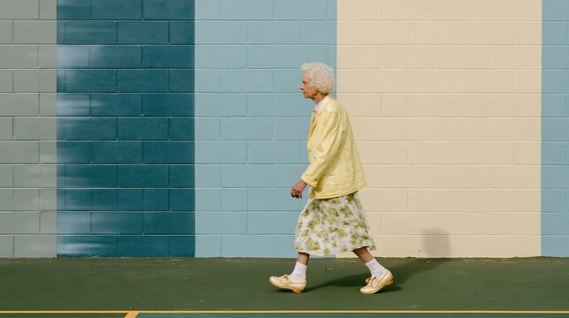 Blurred figure of a woman walking past a colorful cinder-block wall, a soft motion effect with clean copy space for election day banners