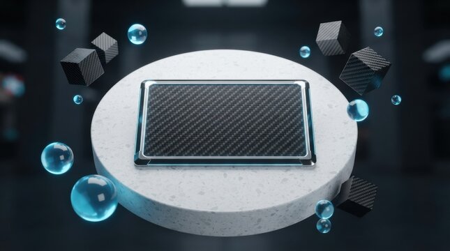 Modern tablet computer on a round podium with floating blue bubbles