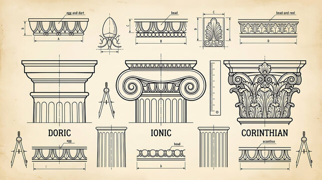 Technical architectural drawing of classical Greek column orders on parchment