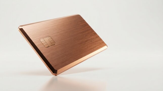 Modern rose gold metal credit card isolated on a smooth white background