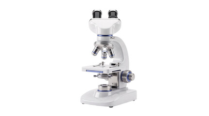 Obraz premium White laboratory microscope with silver and blue accents on png isolated background
