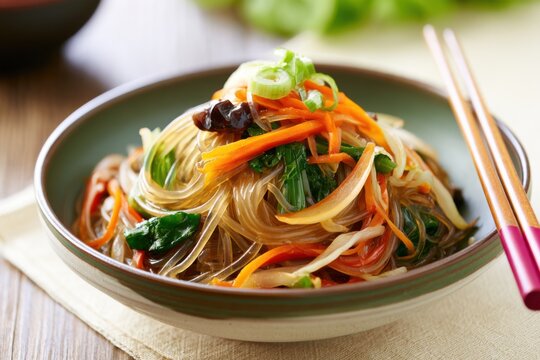 Korean japchae served in a ceramic bowl with glossy glass noodles and colorful vegetables, chopsticks resting beside, festive table setting for Lunar New Year celebration