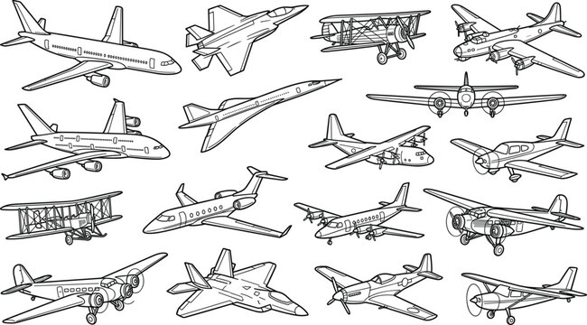 Aviation collection with military jets commercial airplanes and vintage biplanes hand drawn line vector icon set