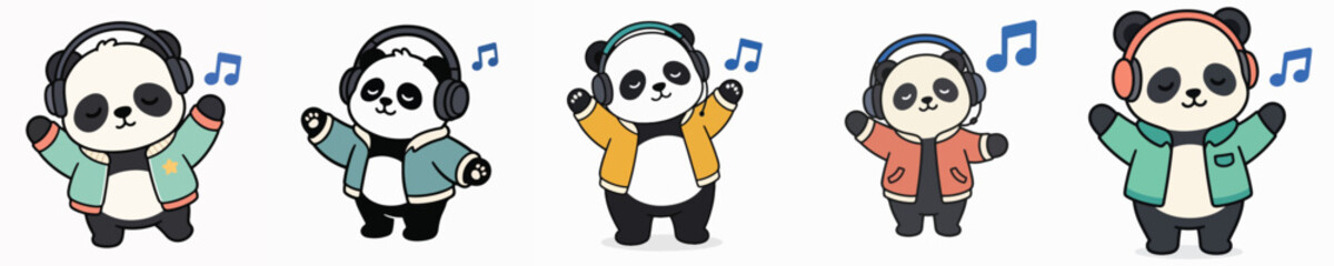 Naklejka premium A set of cute and adorable panda vectors wearing headphones and raising their hands while enjoying music.