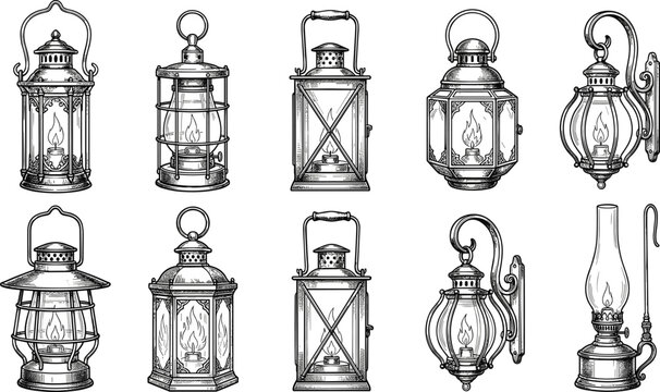 Vintage gas lanterns and antique kerosene lamps engraved sketch style hand drawn vector illustration collection