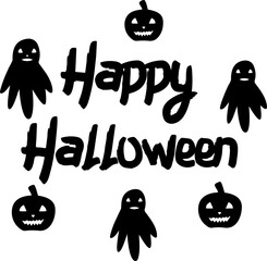 Happy halloween greeting with black silhouettes of jack-o-lanterns and ghosts © bijaychandra