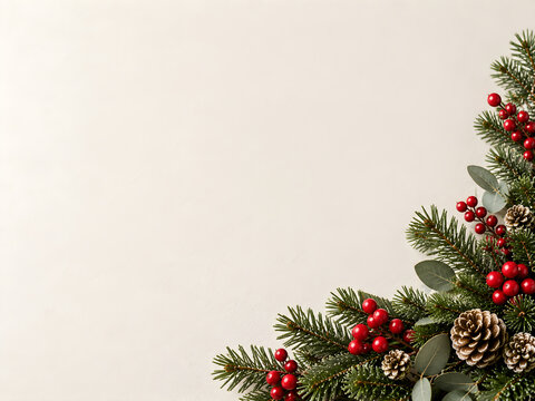 Christmas botanical corner frame with pine branches red berries and pinecones on transparent background