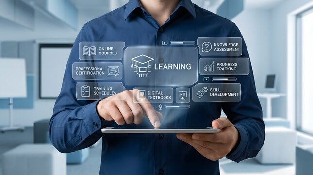 Man interacting with holographic learning interface icons and digital tablet