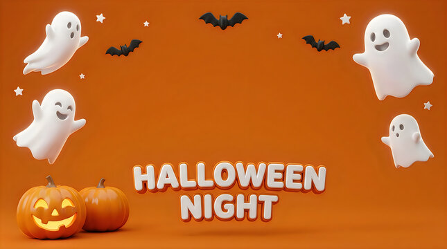A festive halloween background featuring cute 3d ghosts flying around carved pumpkins with bats on a vibrant orange backdrop design