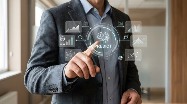 Man interacting with predictive analytics interface and data visualization elements