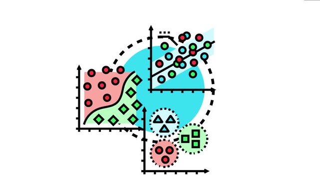 Illustrating various steps in machine learning model development, including data regression, classification algorithms, and clustering processes for analyzing complex datasets