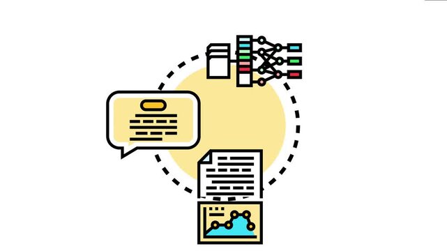 Machine learning language understanding concept with an icon featuring a neural network processing text data, a speech bubble, and a document with a graph, complex data analysis