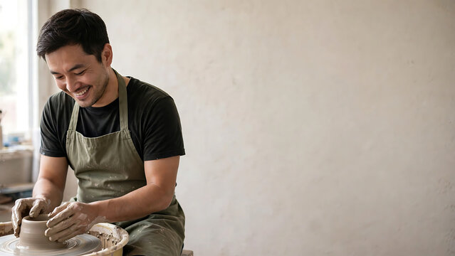 Happy Asian male potter smiling while shaping clay on a potter's wheel in a craft studio