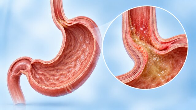 gastroesophageal reflux disease shown as stomach and esophagus overview with enlarged reflux junction detail in premium clinical CGI, isolated on clean pale blue background clear patient education