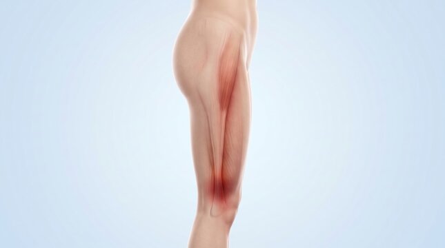 IT band syndrome shown in premium minimal medical CGI with localized outer knee and lateral thigh pain along iliotibial band on clean pale blue clinical background.