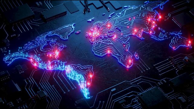 Futuristic digital world map on a circuit board with glowing red nodes and blue data connections, global network communication and cyber technology concept