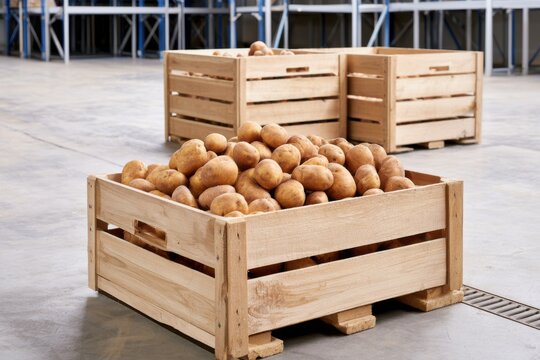 Wooden crates filled with freshly harvested potatoes inside a clean agricultural vegetable storage warehouse with organized shelving and spacious interior