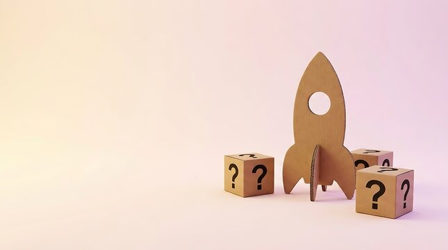 Cardboard rocket ship with question mark blocks symbolizes startup ideas and future exploration or unknown business ventures with soft background.