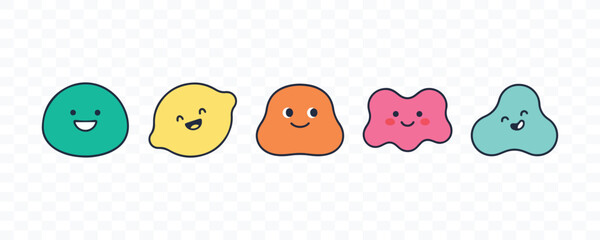 Fototapeta premium Five colorful abstract blobs with cute happy smiling cartoon faces cartoon creatures colorful shapes funny icons vector characters joyful expressions