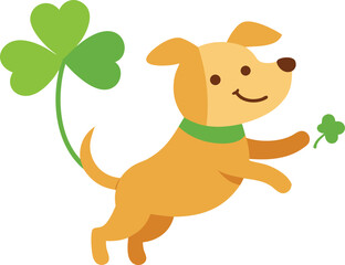 Obraz premium Cute happy puppy playing with a green clover leaf Vector