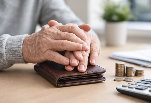 Wrinkled elderly hand resting on a leather wallet, representing retirement savings, financial planning, pension security, personal wealth, budgeting, and economic independence.