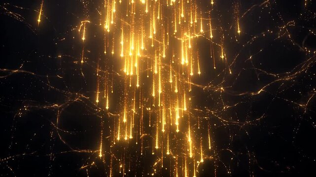 Sparkling golden dust particles falling on black background overlay